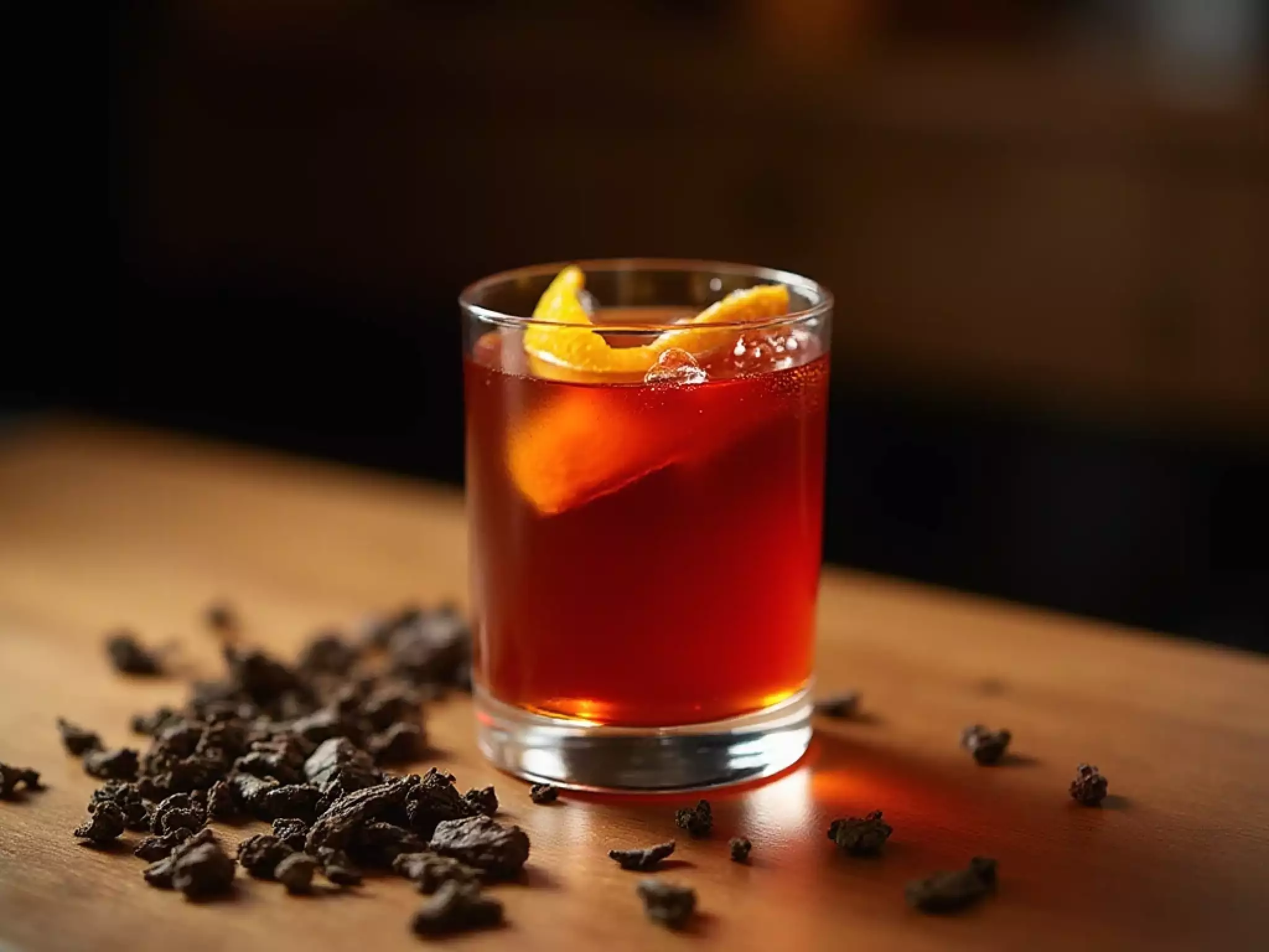 Pu-erh Negroni cocktail with orange peel garnish