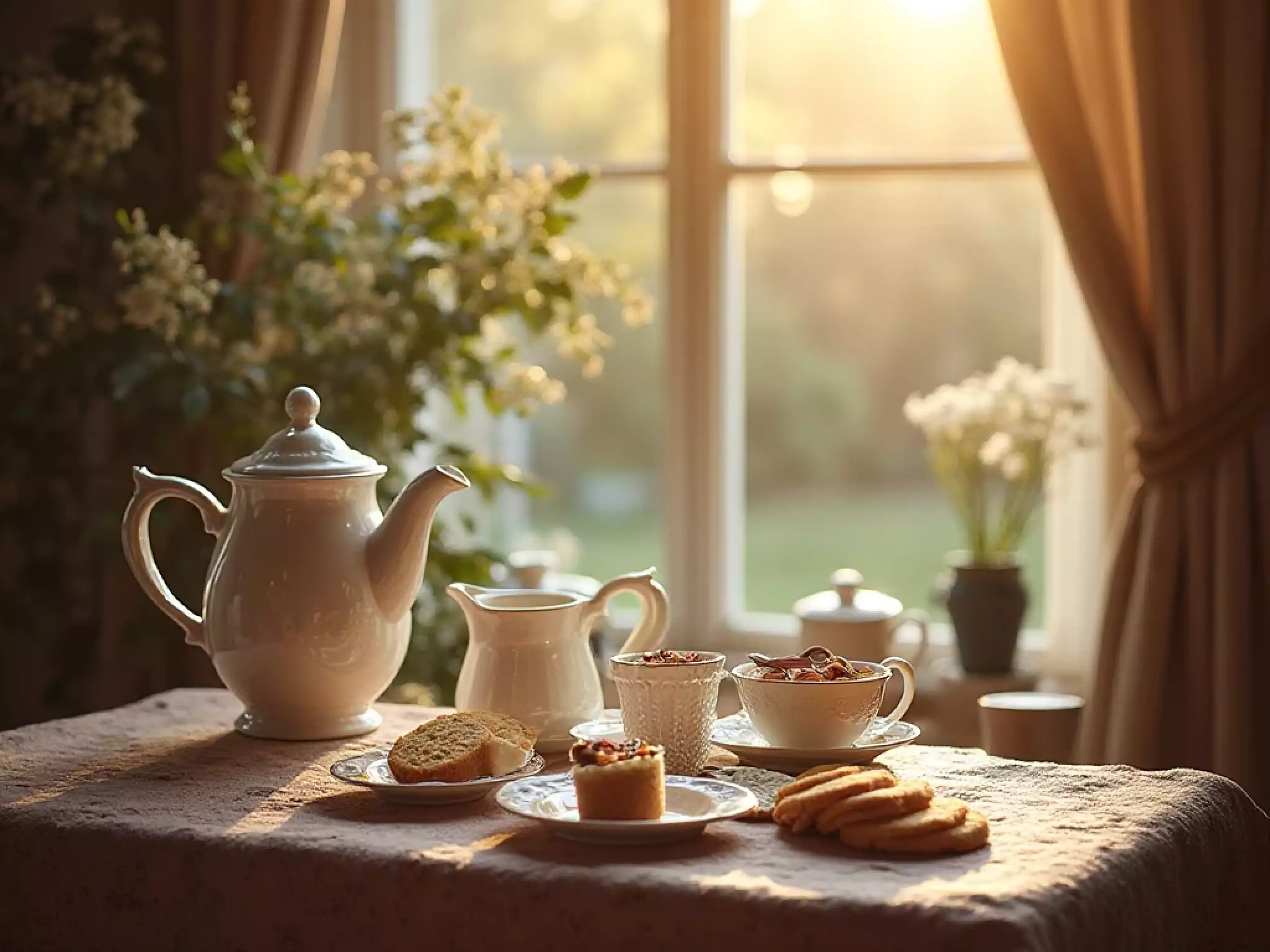 Classic British afternoon tea: A ceramic teapot with a knitted cozy, delicate china tea cups filled with milk tea, and a plate of scones with jam in a bright living room.