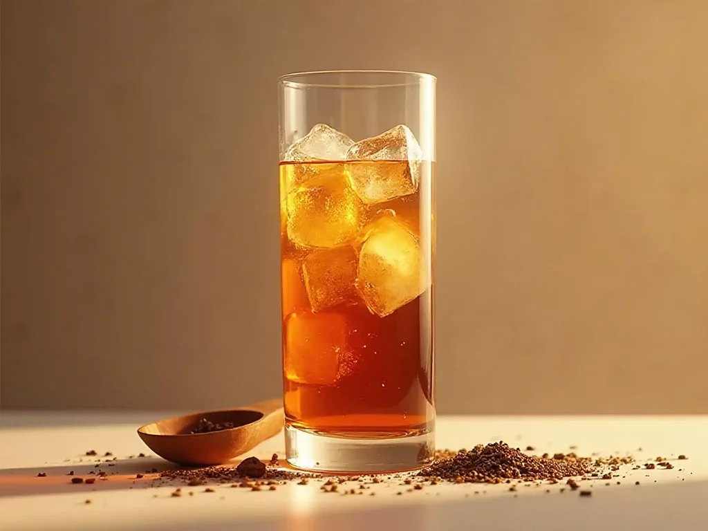 Whisky and cold-brew raw Pu-erh tea highball with sparkling ice cubes and a bamboo tea scoop
