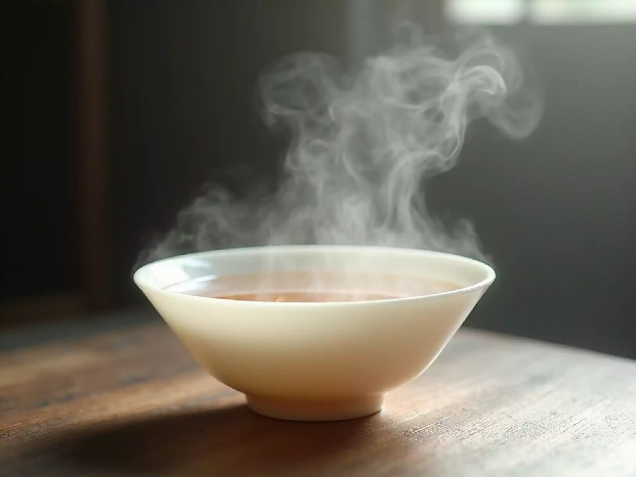 Professional Gongfu tea setup: A white porcelain gaiwan brewing golden Yunnan Dian Hong black tea with soft steam
