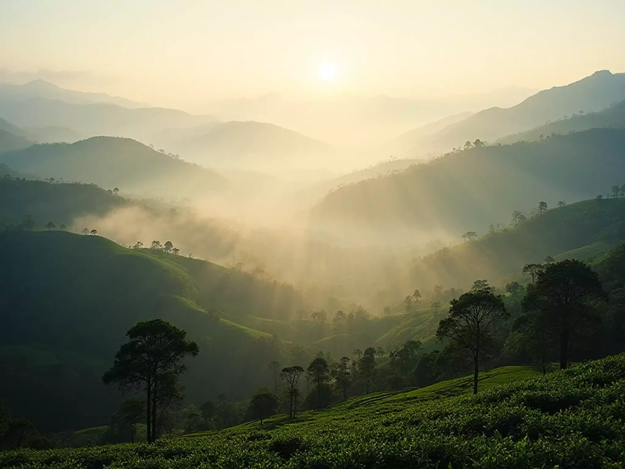 Yunnan highland ancient tea mountains at 1800 meters with morning mist