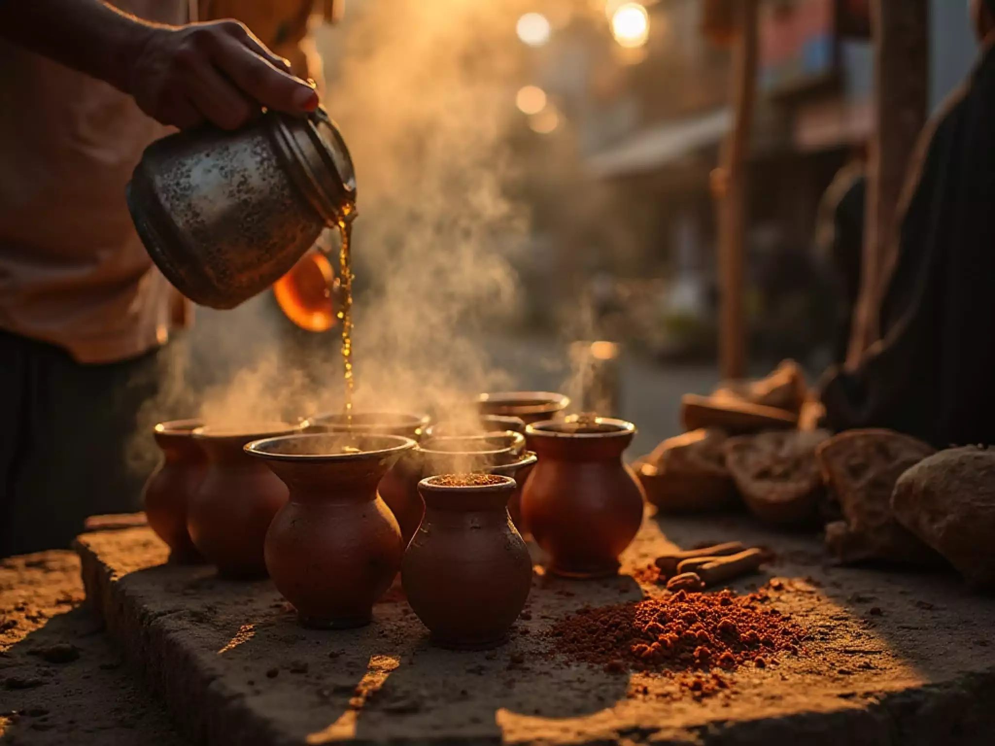 Vibrant Indian street scene: A chaiwala expertly pouring hot Masala Chai from a height into small clay cups (kulhads), creating a rich froth.
