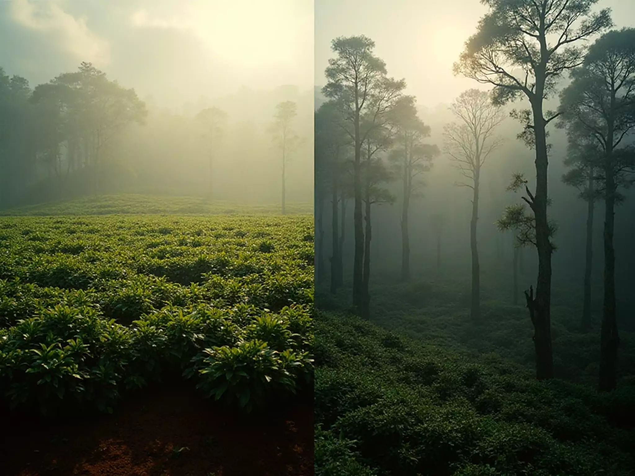 Side-by-side: flat Assam lowland plantation versus misty Yunnan ancient tea forest at altitude