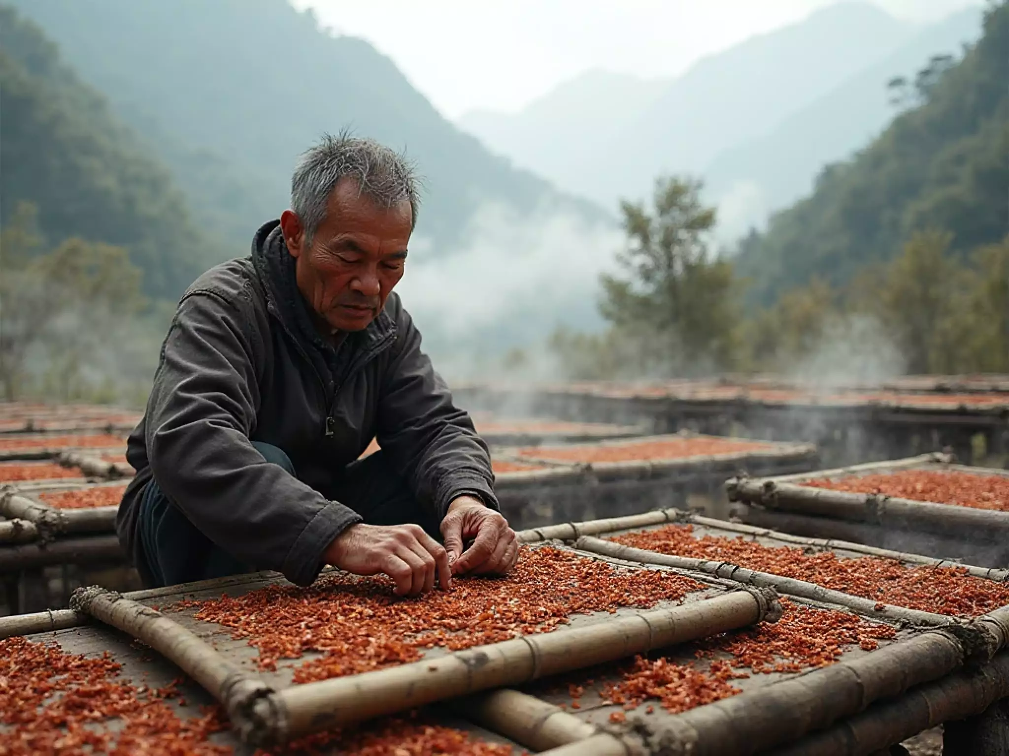 Yunnan tea farmer hand-rolling leaves using traditional sun-drying method, 2025