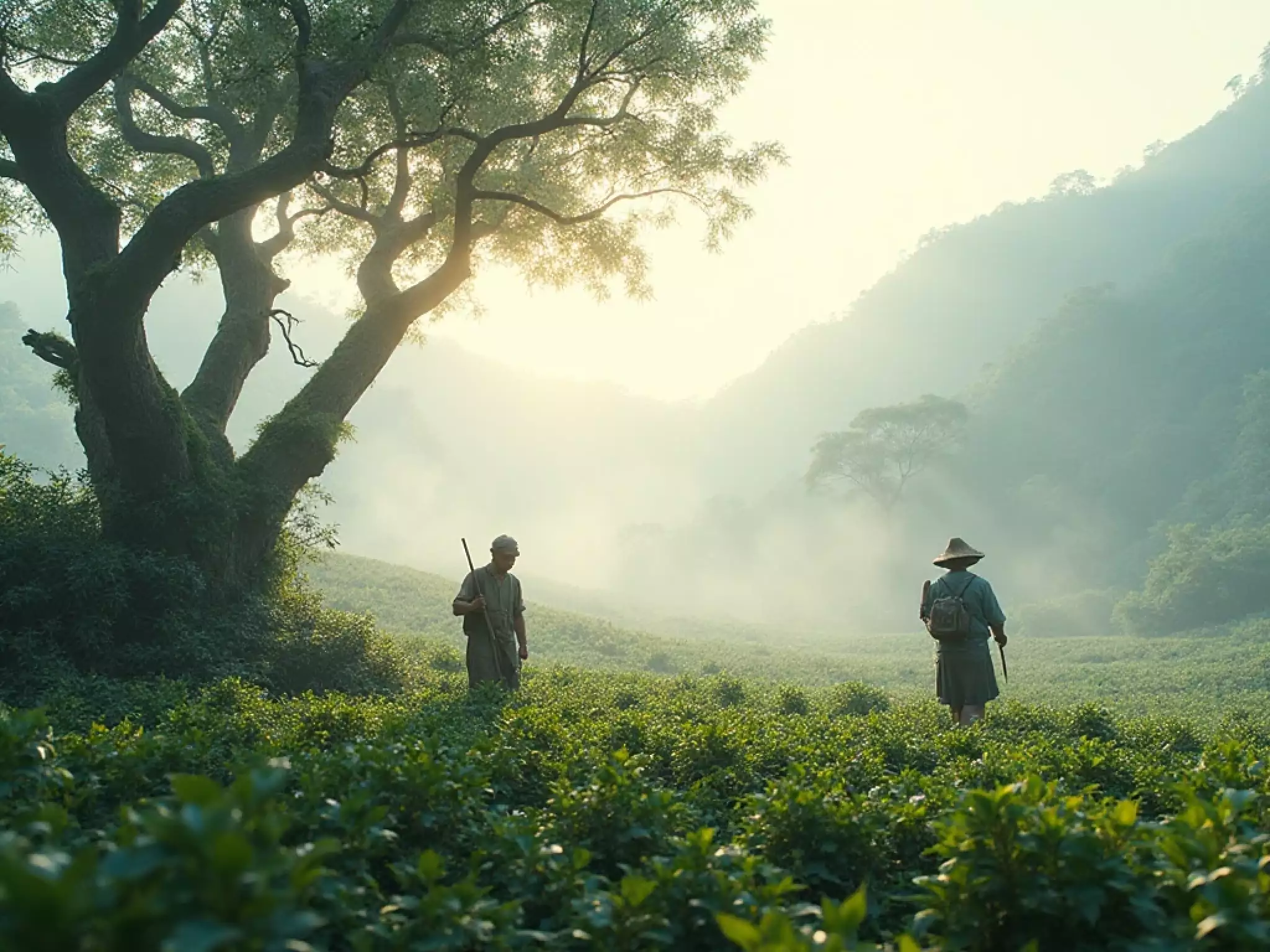 A breathtaking landscape of misty Yunnan mountains at sunrise, featuring towering ancient wild tea trees with thick mossy trunks, and local villagers in traditional attire harvesting tea leaves by hand from the high branches.