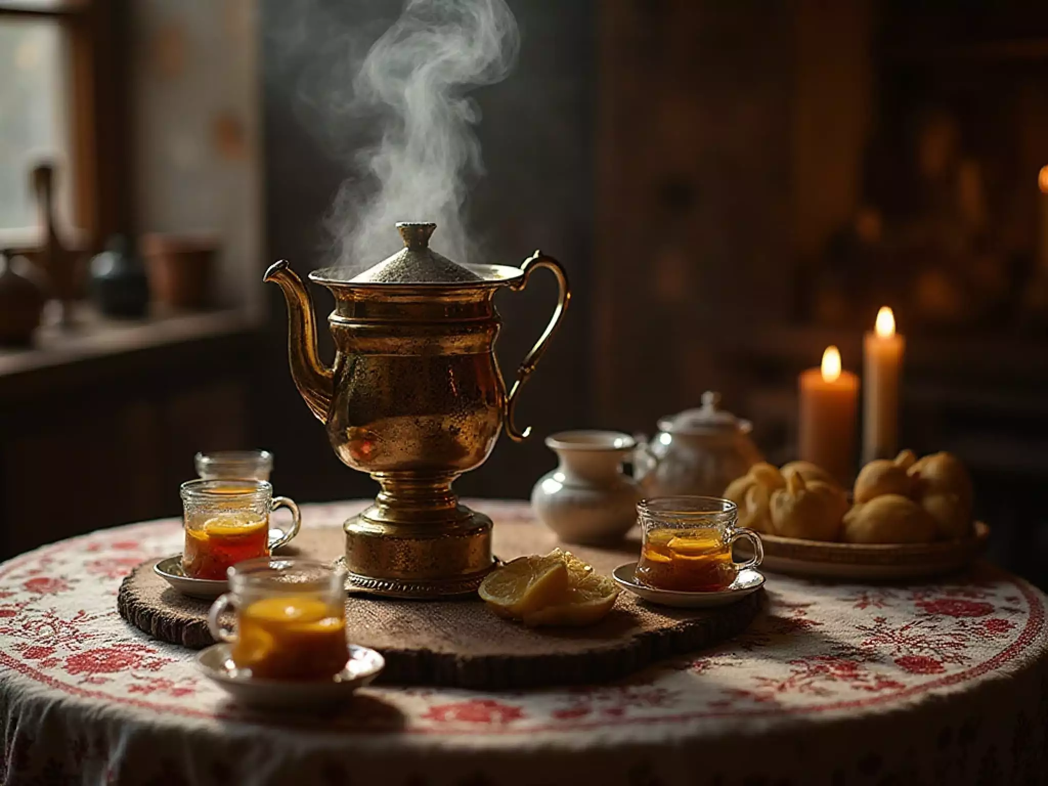 Atmospheric Russian kitchen: An ornate silver samovar standing on a wooden table, surrounded by tea glasses in metal holders (podstakannik) and bowls of jam and bagels.
