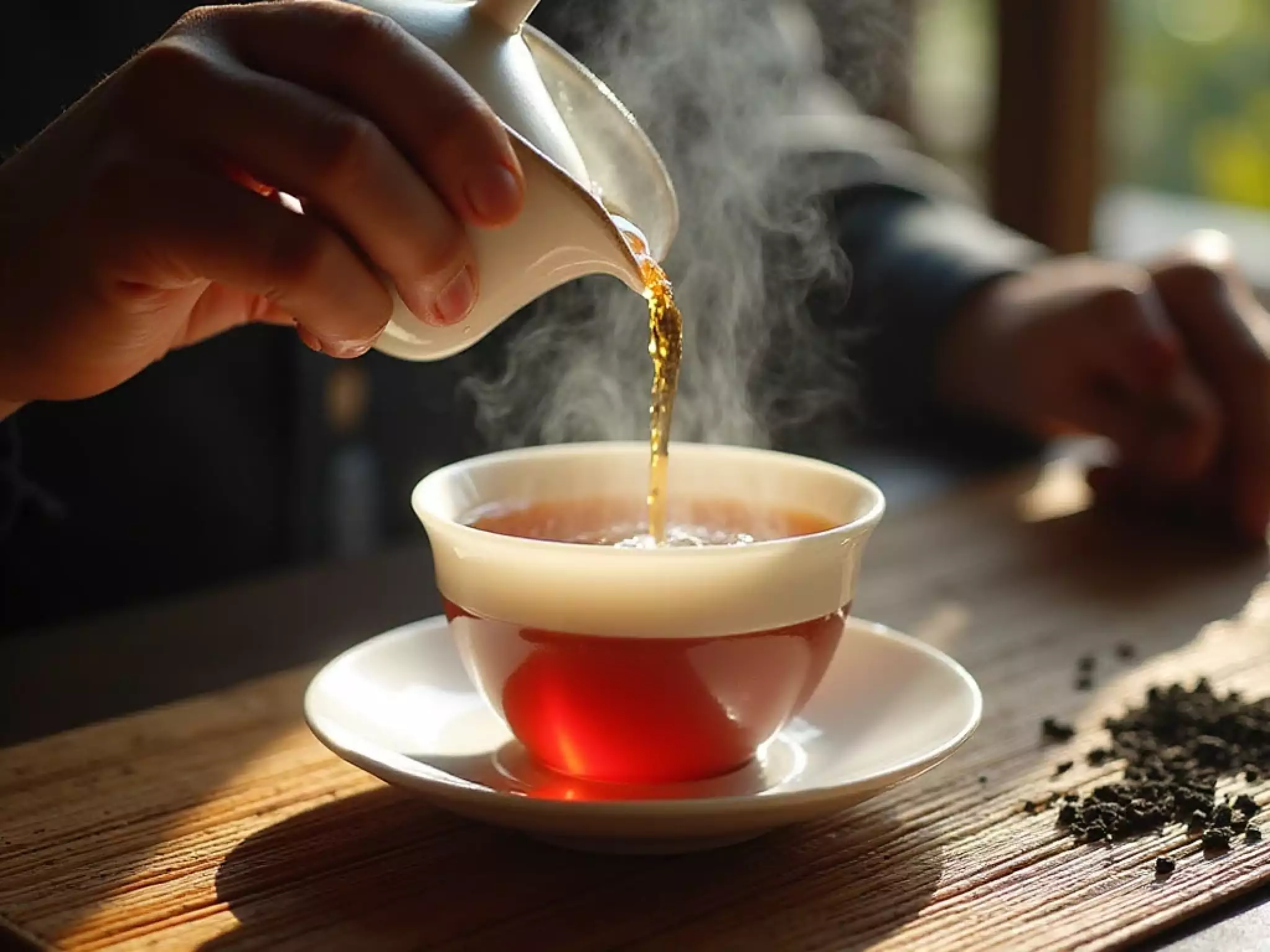 Mindful Gongfu Cha session: A hand holding a white porcelain gaiwan lid to strain golden-brown Yunnan black tea into a fairness pitcher on a bamboo tea tray.