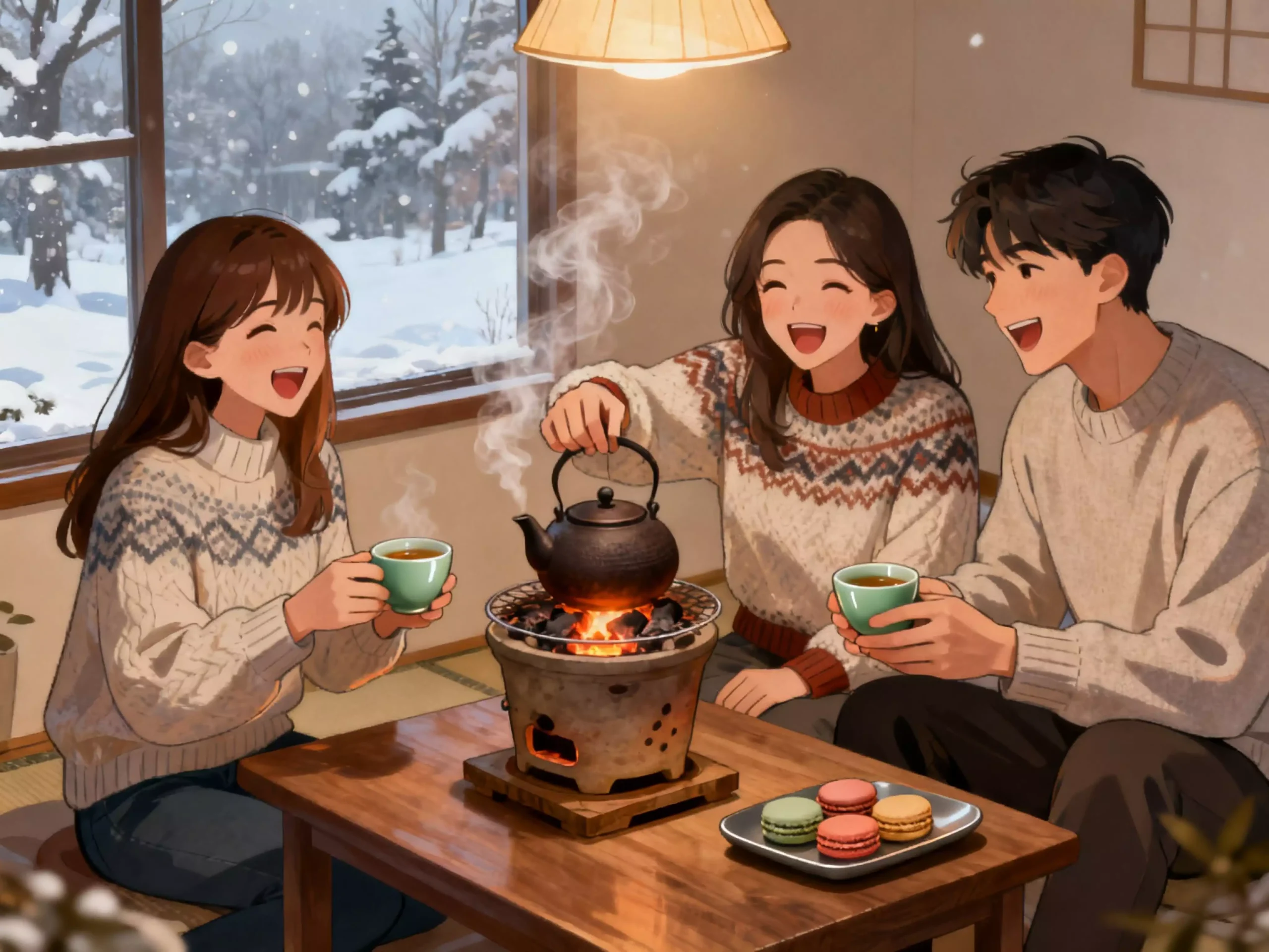 Traditional clay teapot on charcoal stove with seasonal snacks
