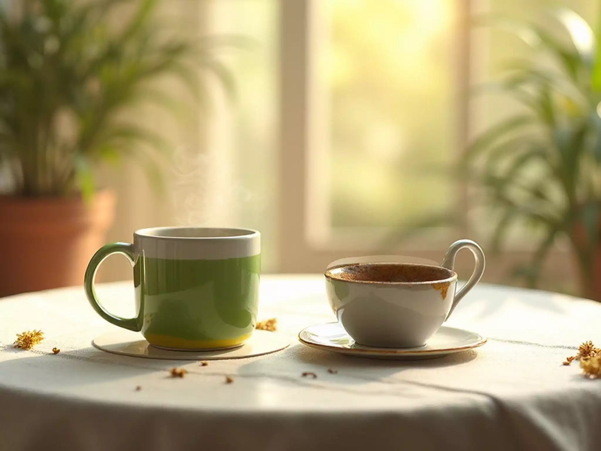 A porcelain cup of black coffee served alongside a traditional Chinese gaiwan of green tea in soft morning sunlight, representing the longevity formula ratio