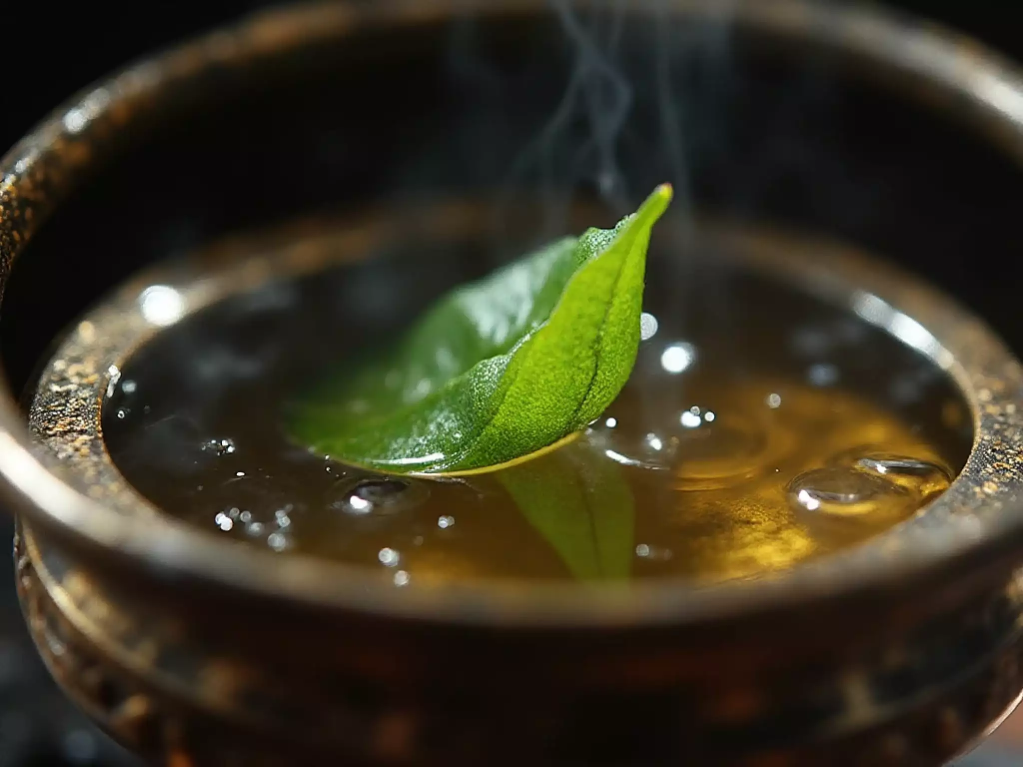 Artistic depiction of a single tea leaf falling into an ancient bronze vessel of boiling water, symbolizing the origin of tea culture