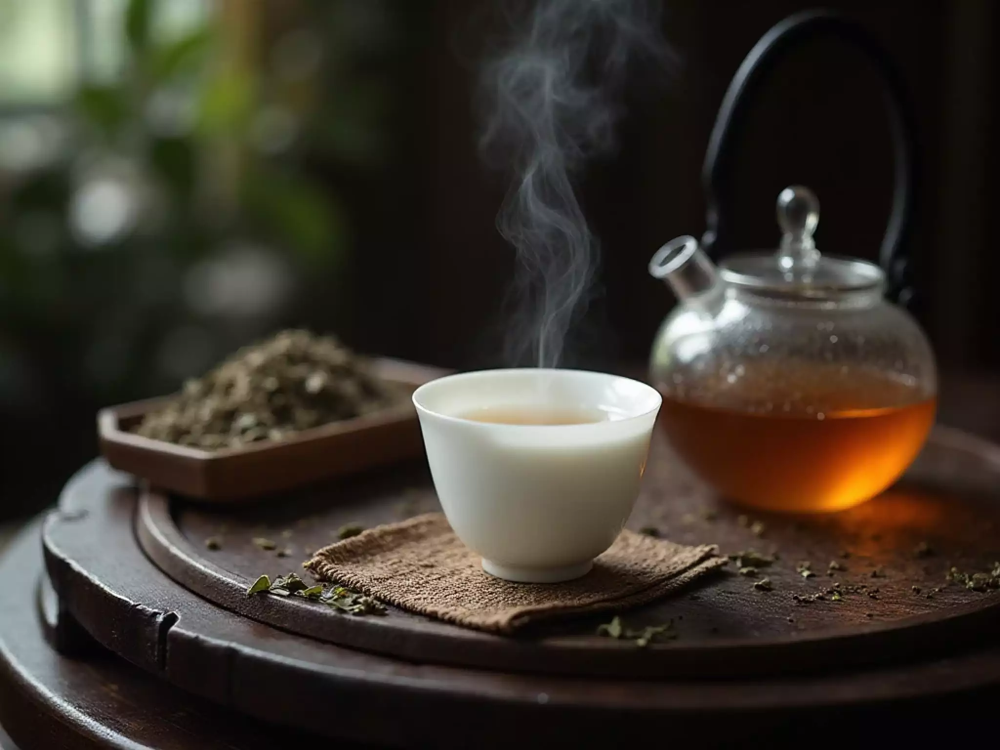 Serene gongfu tea setup with gaiwan and pu-erh leaves in minimalist natural light