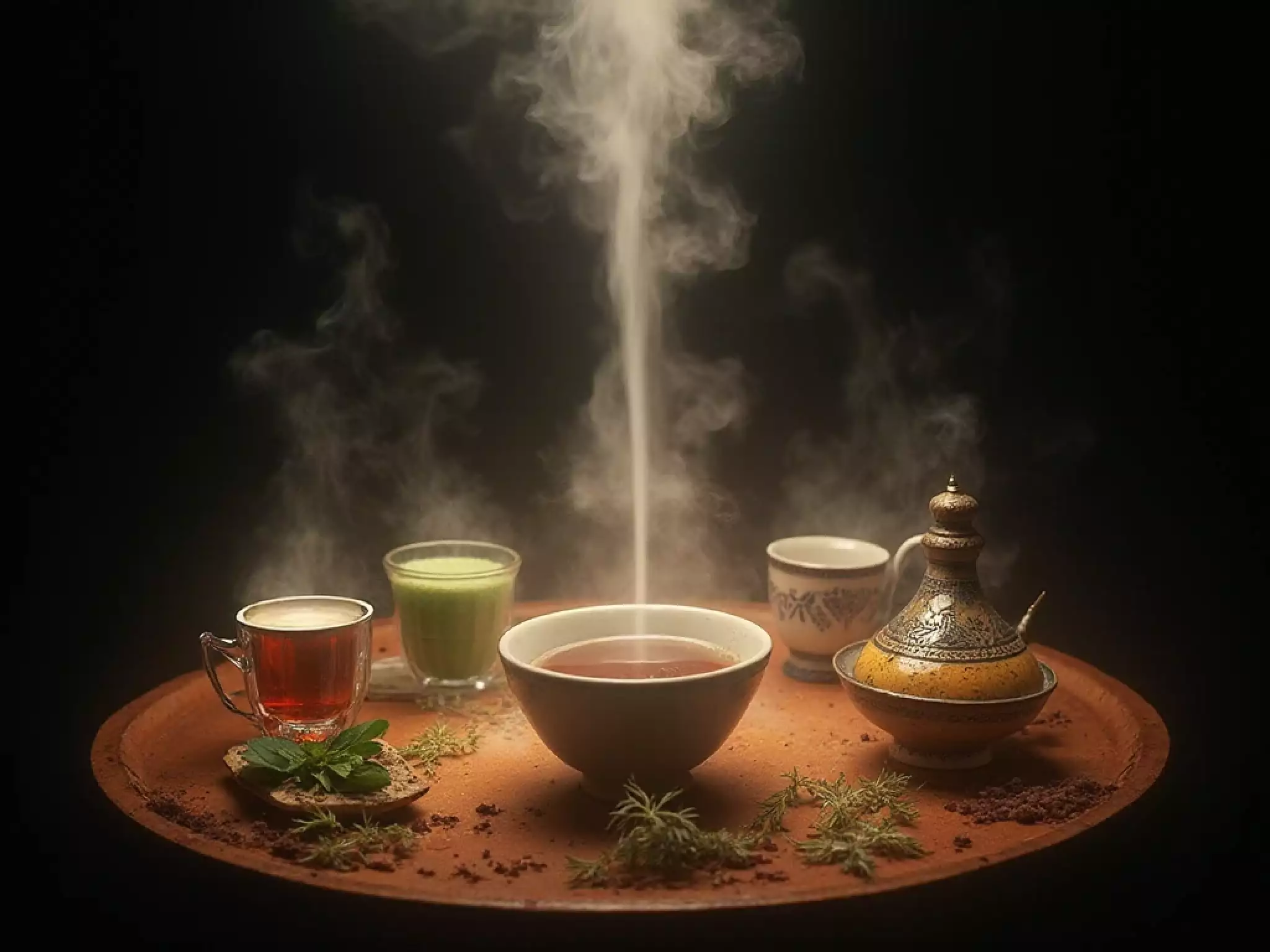 A cultural montage of tea: Moroccan mint tea in a glass and Japanese Matcha, showing how the steam of tea rises the same across different global traditions