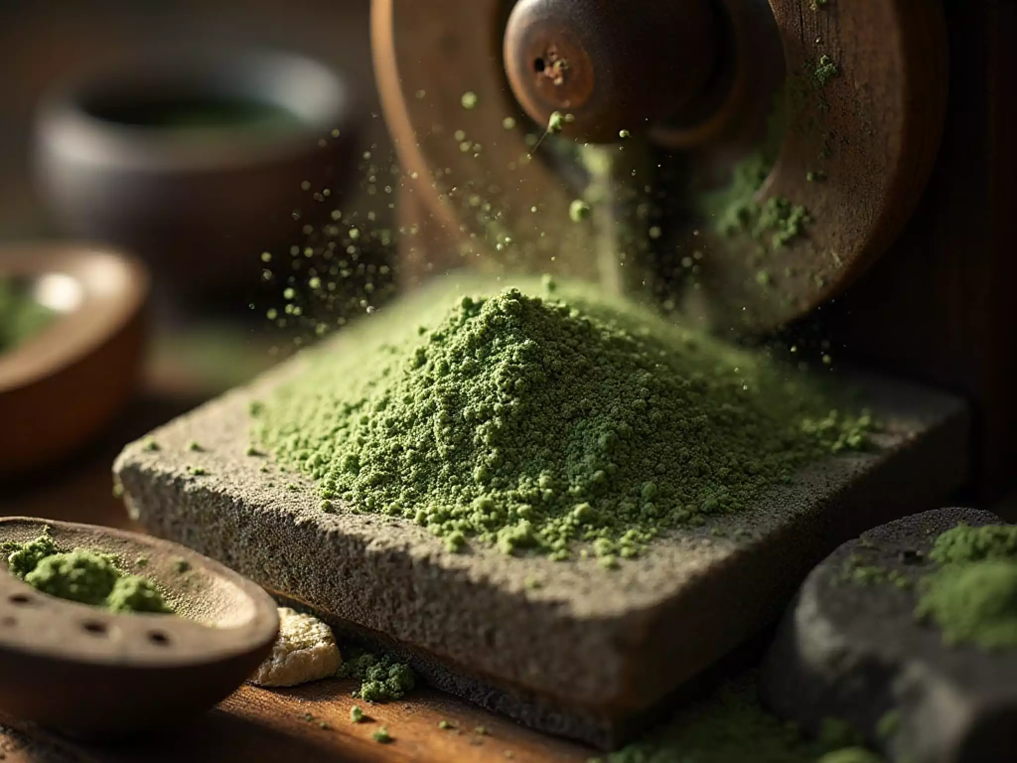 Close-up view of vivid matcha crema inside a traditional Japanese tea bowl