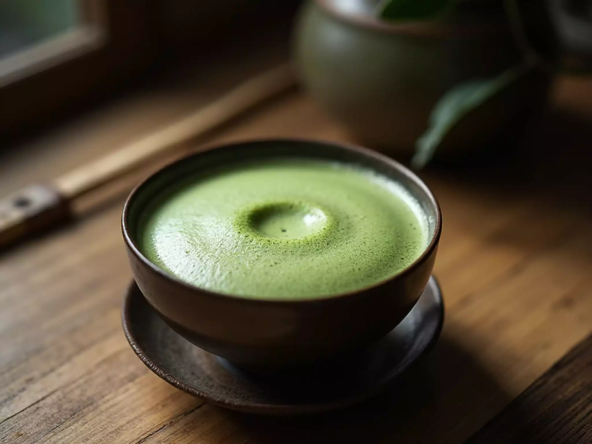 A handcrafted chawan filled with freshly whisked vibrant green matcha foam in soft natural light