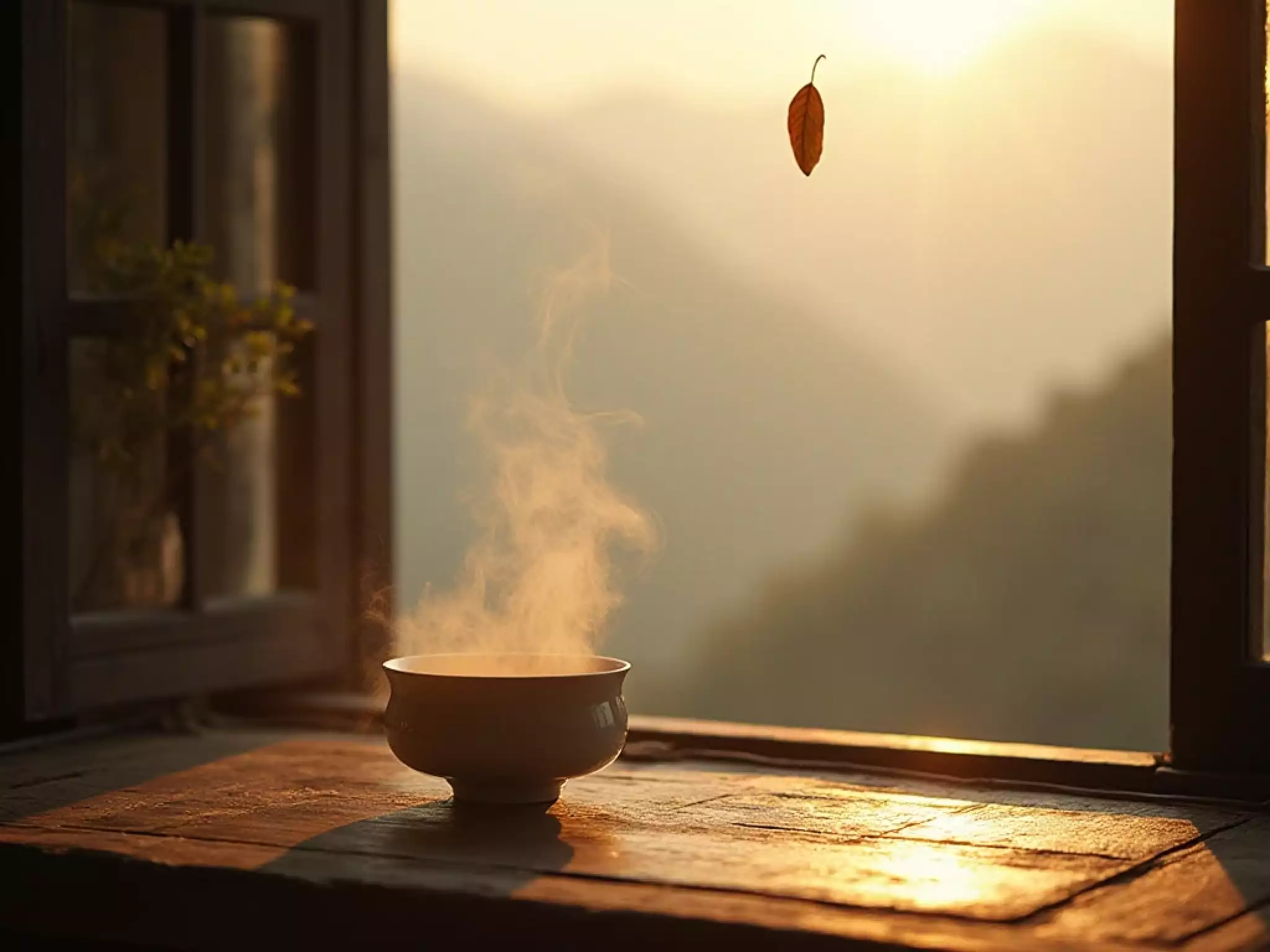 A tranquil tea meditation at golden hour: steam rising from a porcelain Gaiwan against a backdrop of misty mountains and sunset light