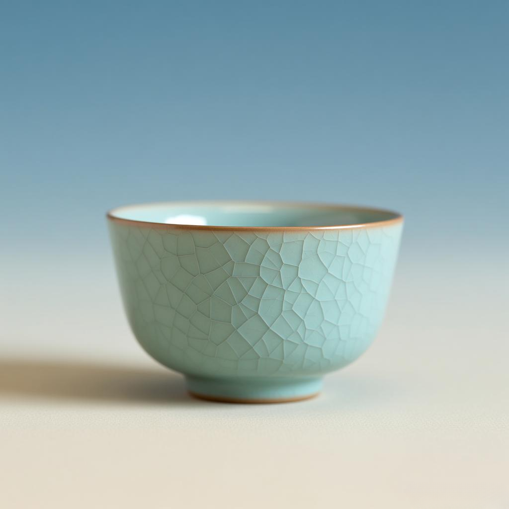 A nurtured Ruyao tea cup showing deep golden cicada-wing crackles after months of steeping with tea