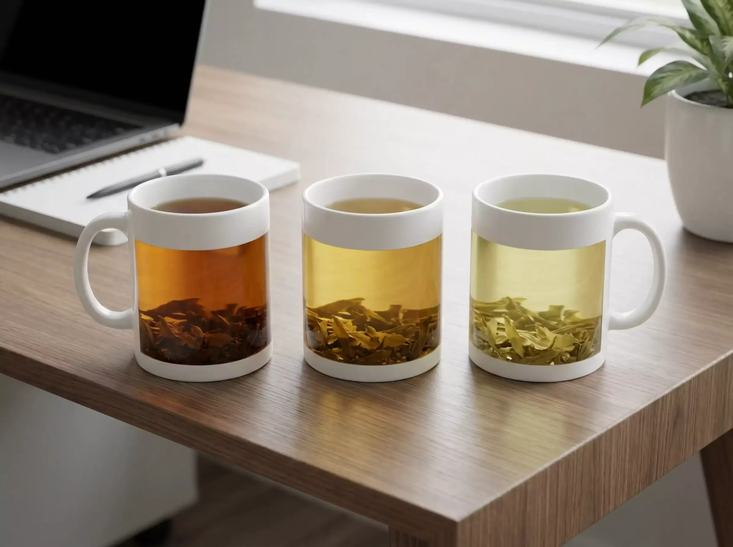 Raw Pu-erh tea liquor comparison across three consecutive mug refills showing color evolution