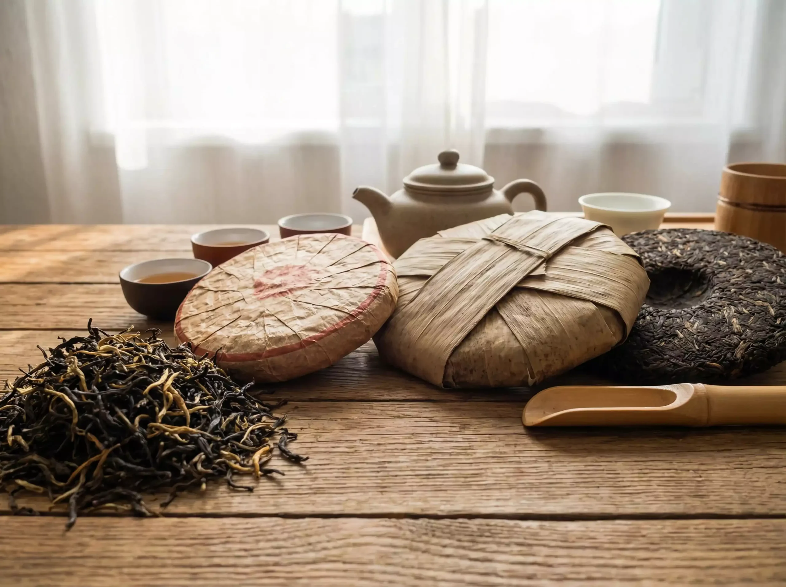 Various Chinese teas including Dianhong, sun-dried red tea, raw and ripe Pu-erh cakes