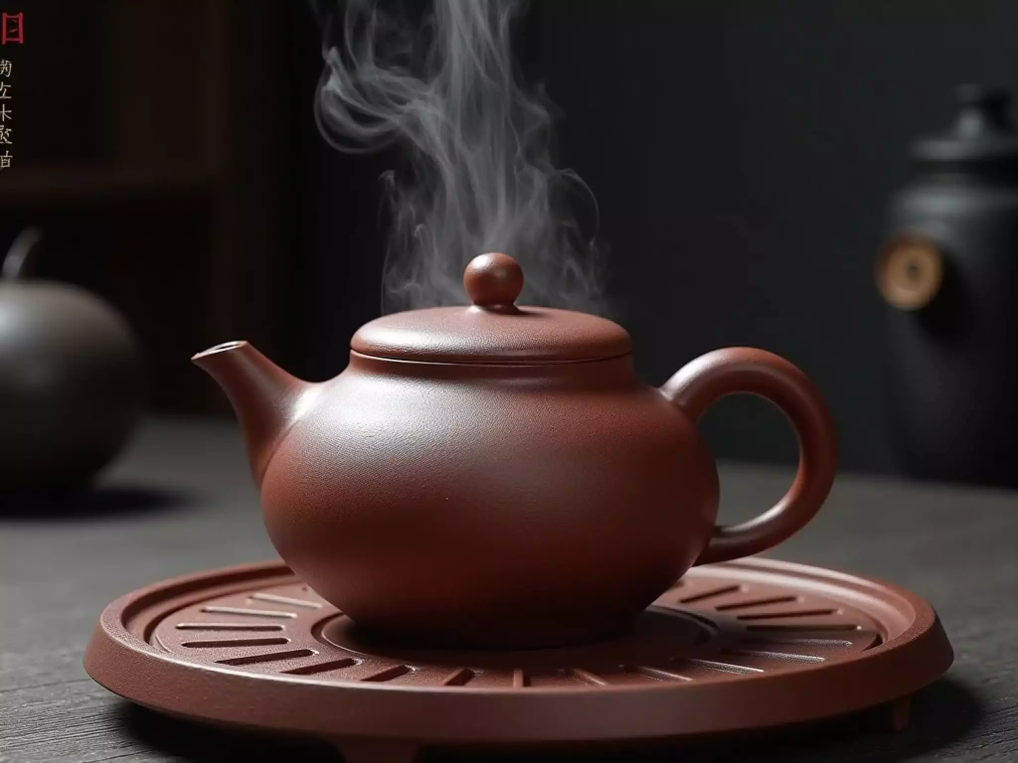 A seasoned purple clay teapot with a subtle oily sheen being rinsed with hot water, tea tray with water drainage