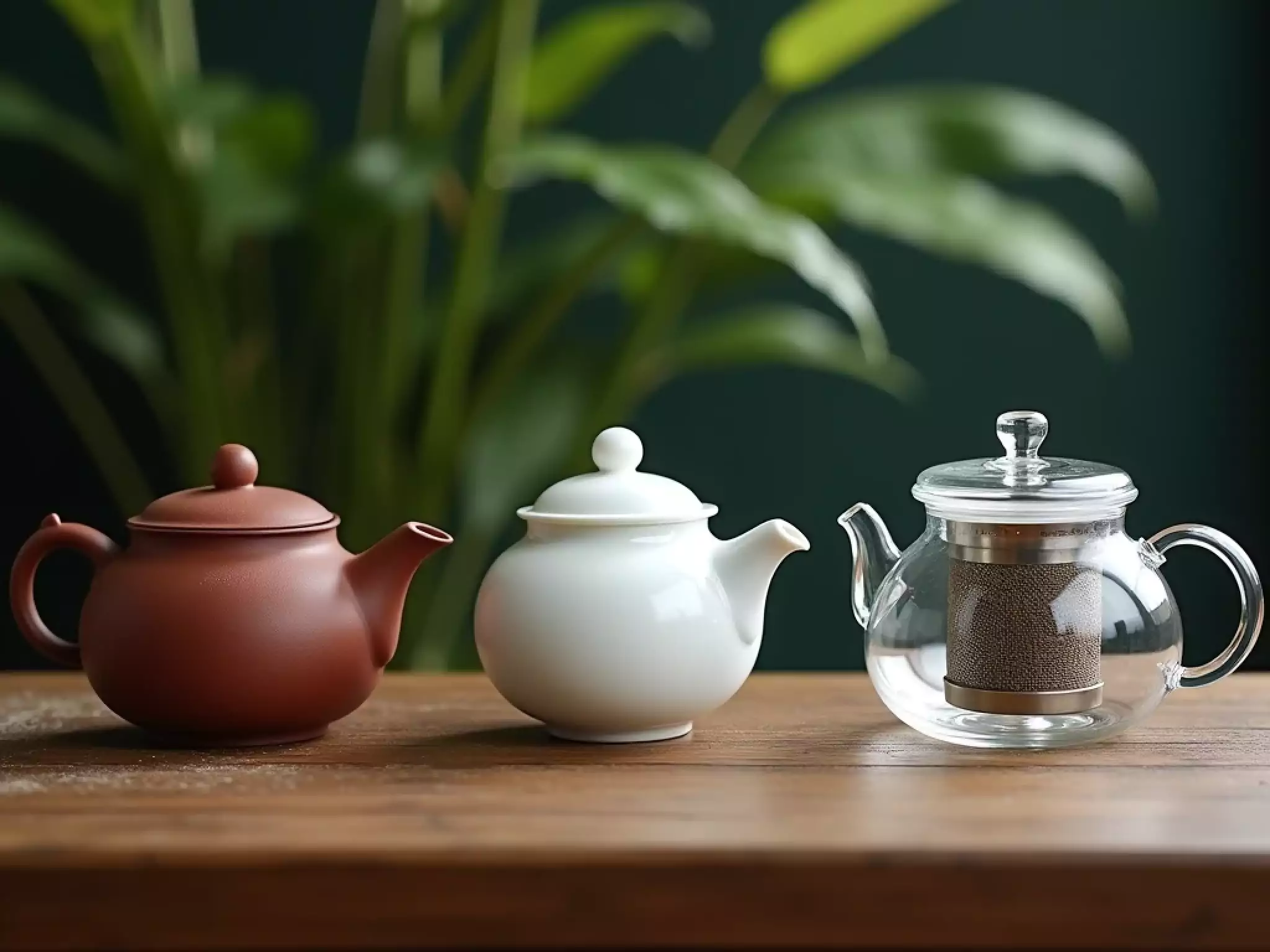 three tea brewing vessels: a rustic unglazed Yixing clay teapot, a elegant white bone china teapot, and a modern heat-resistant glass teapot