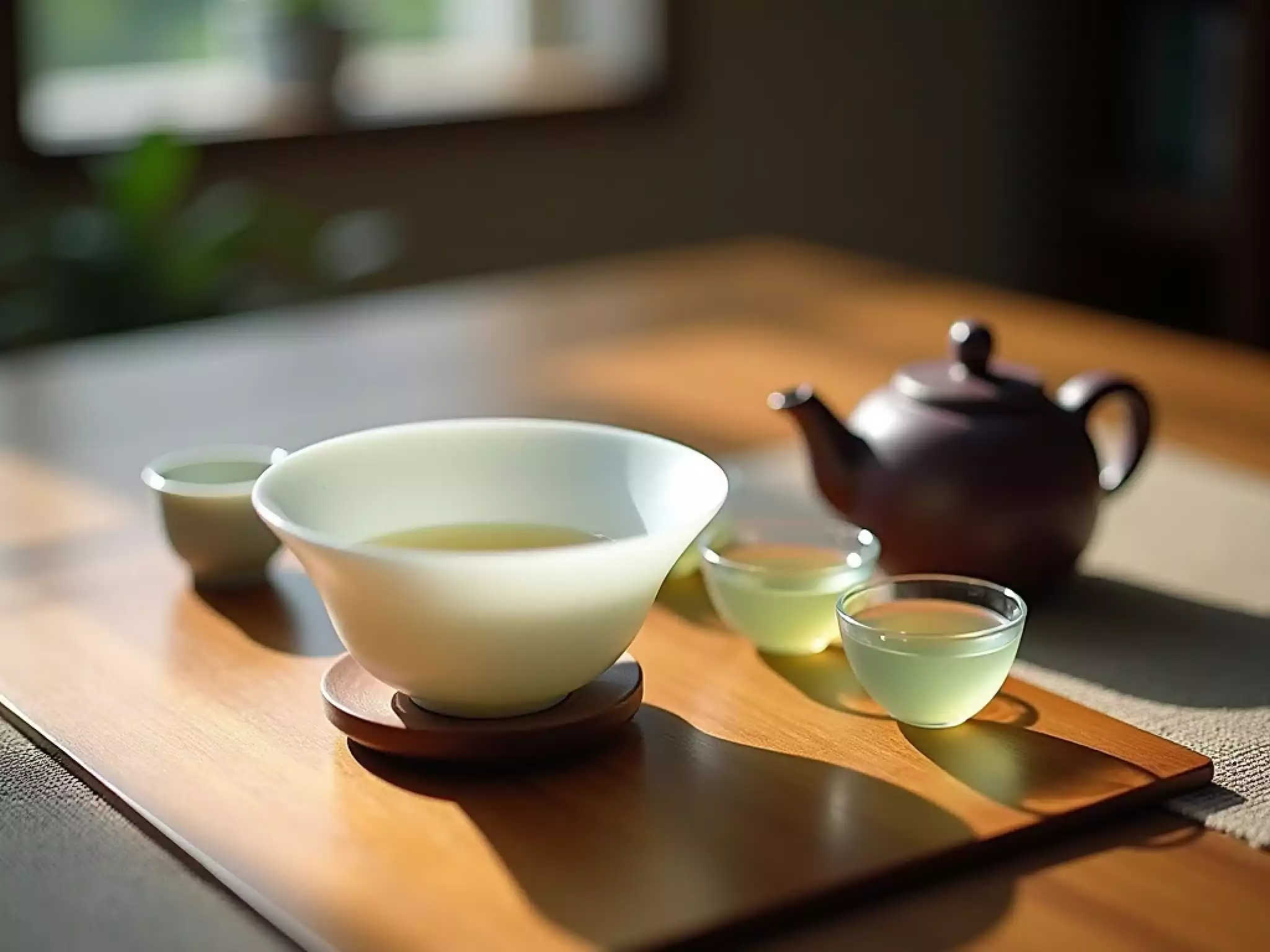 a minimalist wooden tea table with a complete set of Chinese Gongfu teaware, including a white porcelain gaiwan, a small Yixing purple clay teapot, and clear glass cups with light green tea