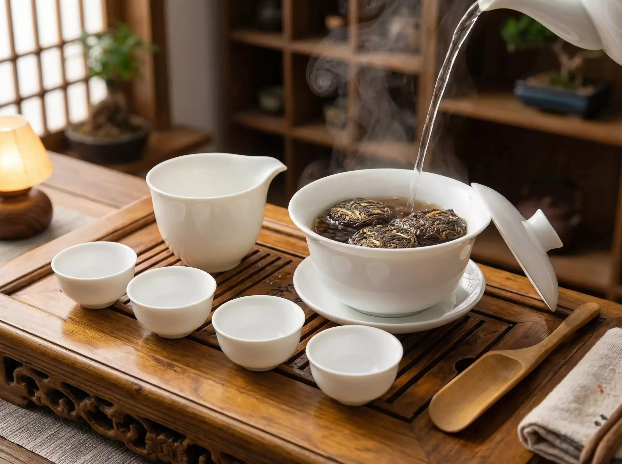 Steeped Roots 2g mini tea cakes brewing with a traditional ceramic gaiwan