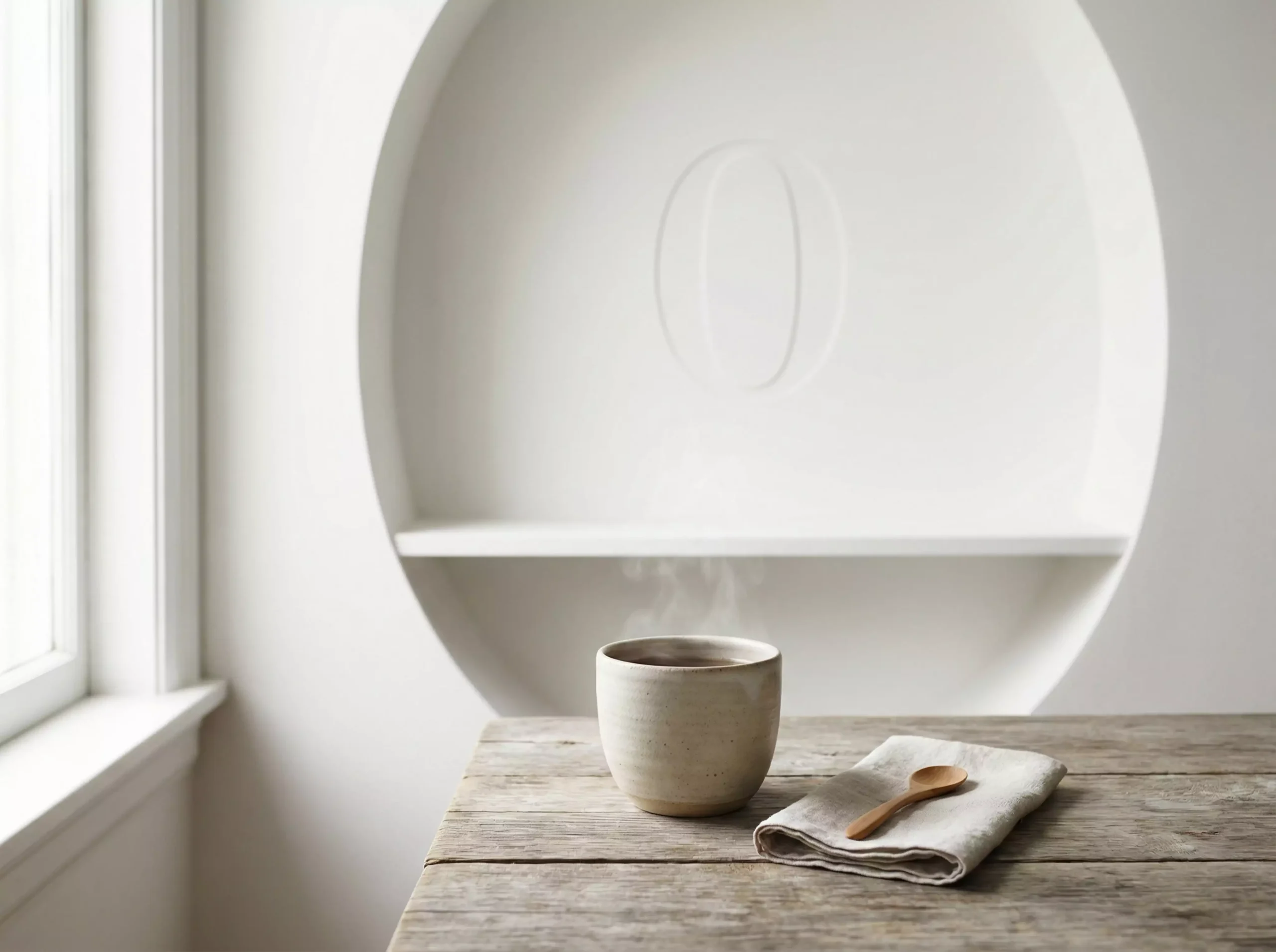 Minimalist tea scene: pure tea cup on wooden table, calm natural light