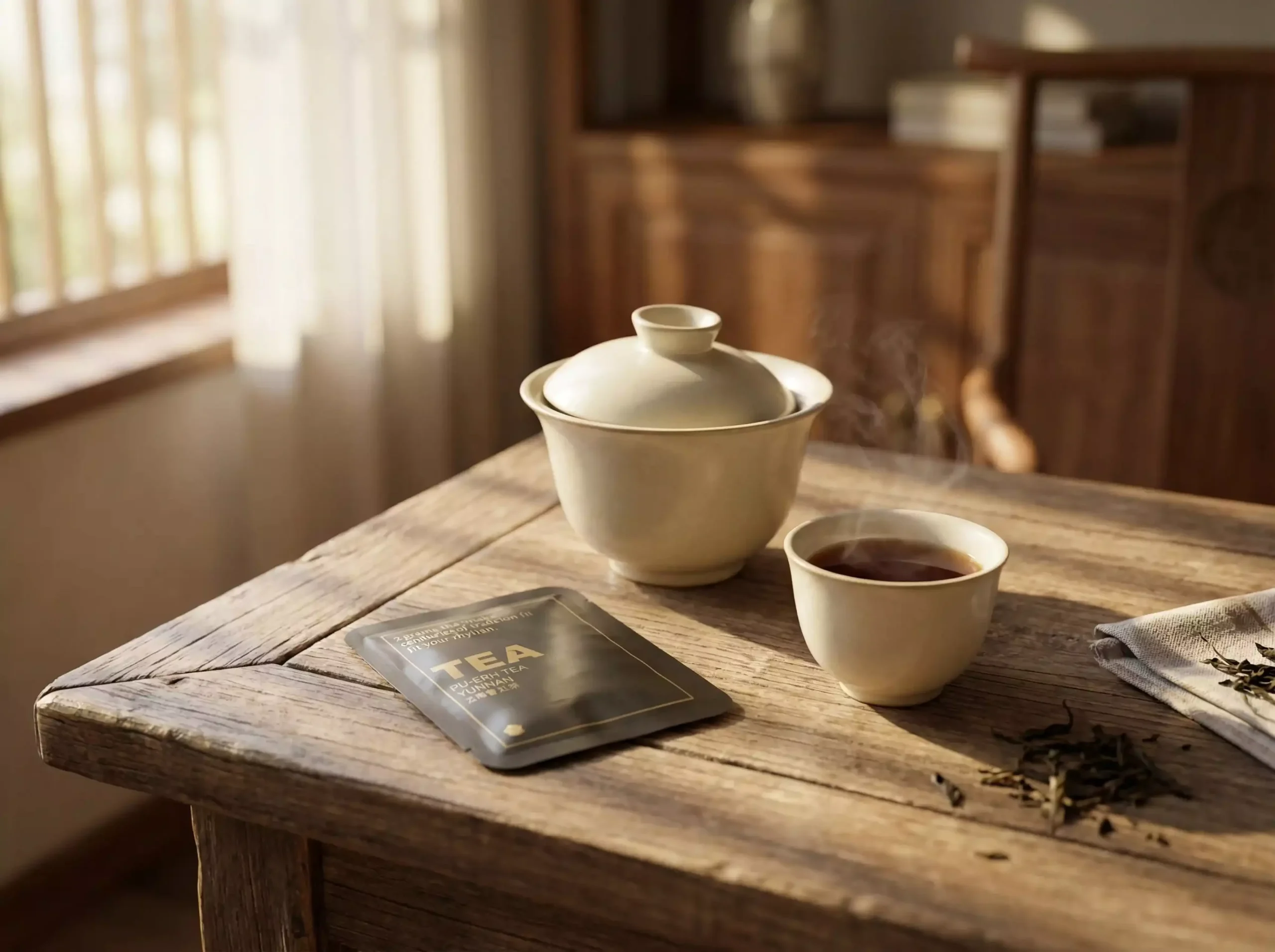Loose leaf pu-erh tea showing broken and whole leaves for comparison