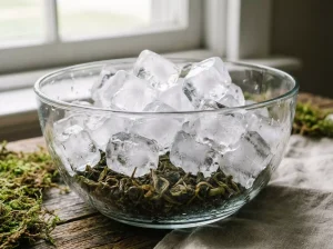 clear glass bowl with dry tea leaves at bottom covered by pile of clear ice cubes slowly melting