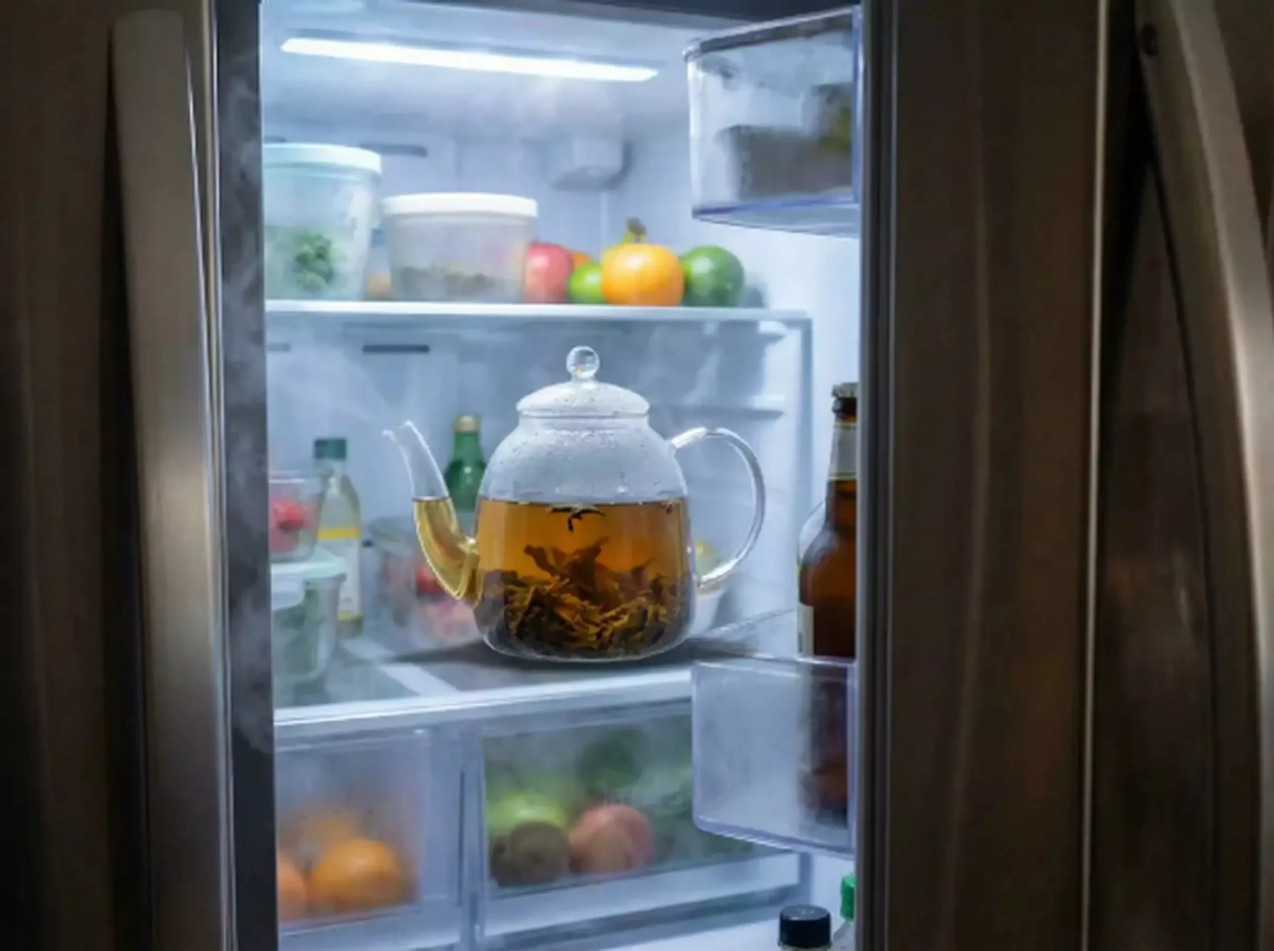 Glass pitcher filled with cold brewed tea and floating tea leaves inside a refrigerator, door open with cool lighting