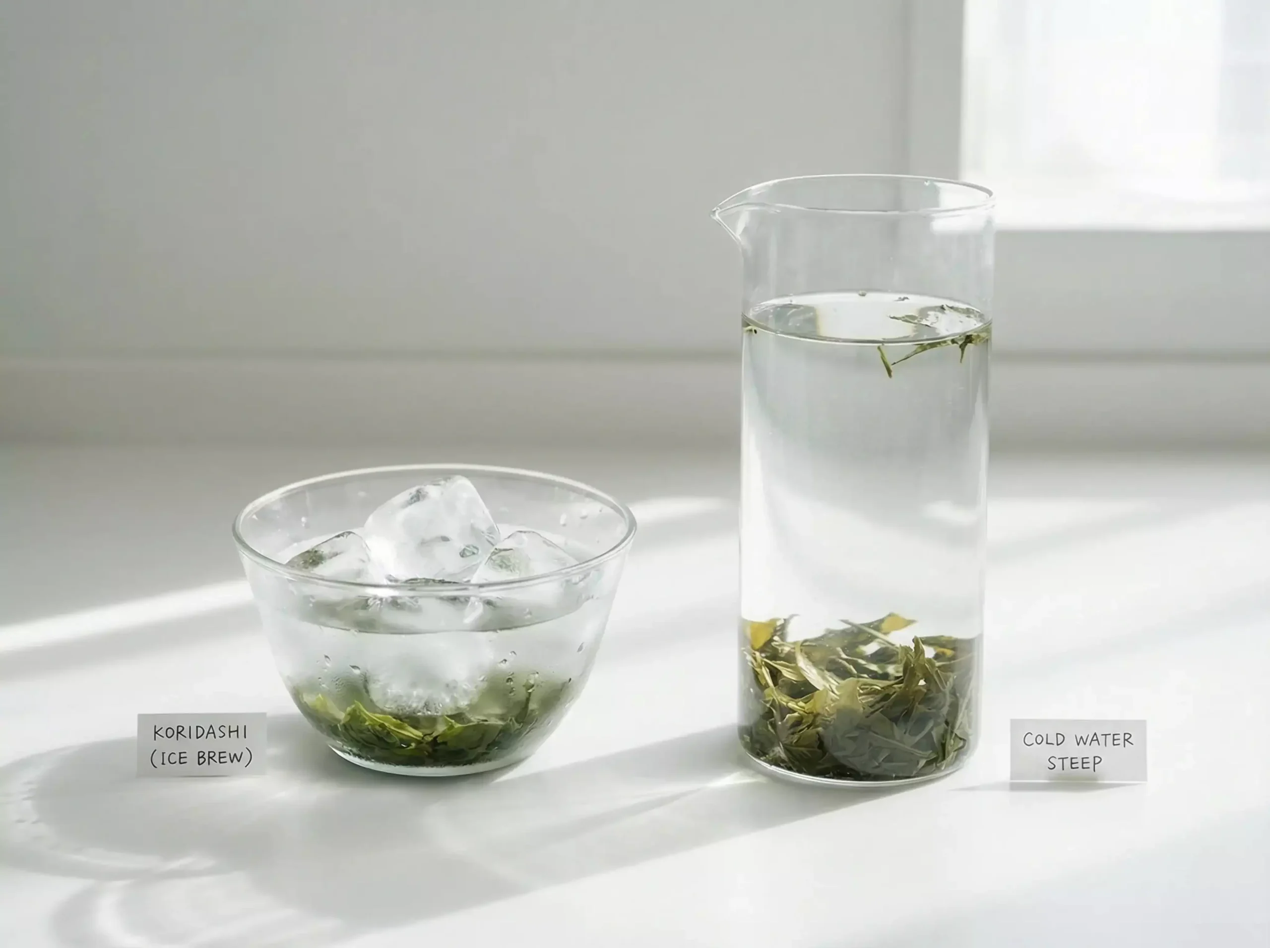 Side-by-side comparison of two cold brew tea methods: one glass bowl with ice cubes melting on tea leaves (koridashi style), another glass pitcher with cold water and tea leaves