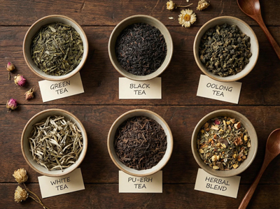 An elegant arrangement of different tea leaves in small bowls on a wooden table, labeled with their type