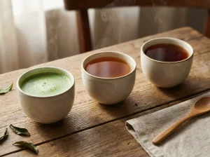 Three elegant tea cups side by side: vibrant green matcha, rich amber Dian Hong black tea, and deep reddish-brown shu pu-erh, beautifully arranged on a wooden table with soft morning light