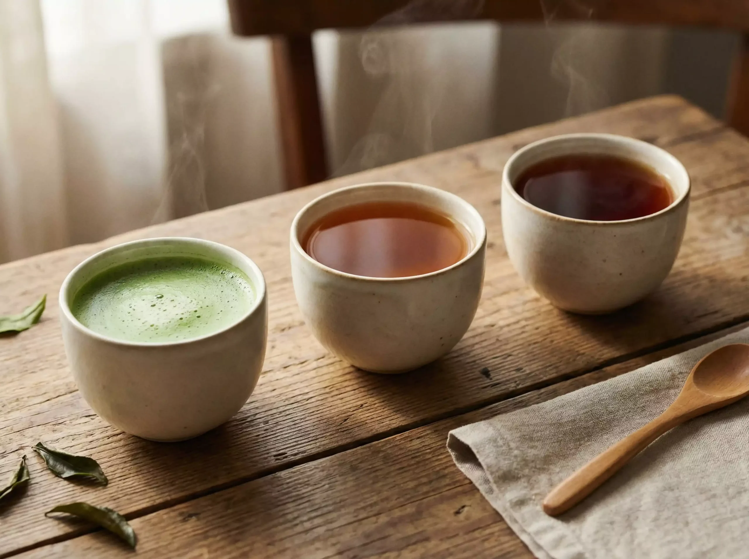 Three elegant tea cups side by side: vibrant green matcha, rich amber Dian Hong black tea, and deep reddish-brown shu pu-erh, beautifully arranged on a wooden table with soft morning light