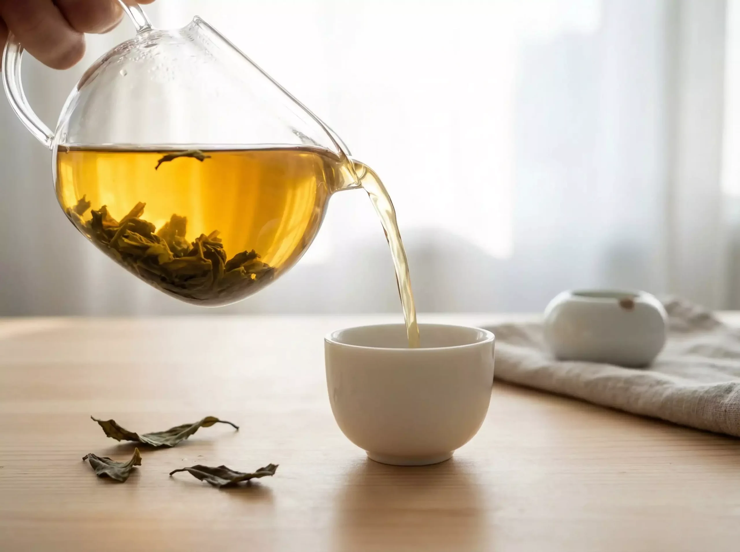 Clear glass teapot pouring bright golden-amber liquor from young sheng pu-erh into a small white cup