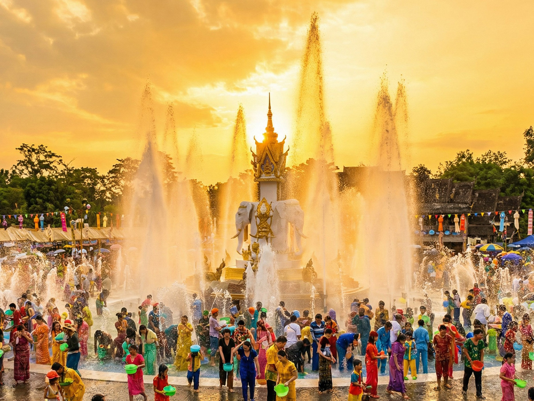 Vibrant water festival celebration in Xishuangbanna at sunset, with crowds of people splashing water around a central golden elephant fountain and ornate temple spire, colorful flags and umbrellas adding to the festive atmosphere