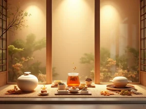 Fresh organic green tea in a glass cup during a peaceful morning ritual