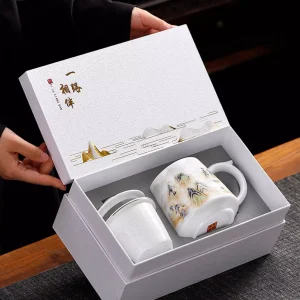 Large Unisex Office Lidded Porcelain Mug with Built-in Strainer Filter