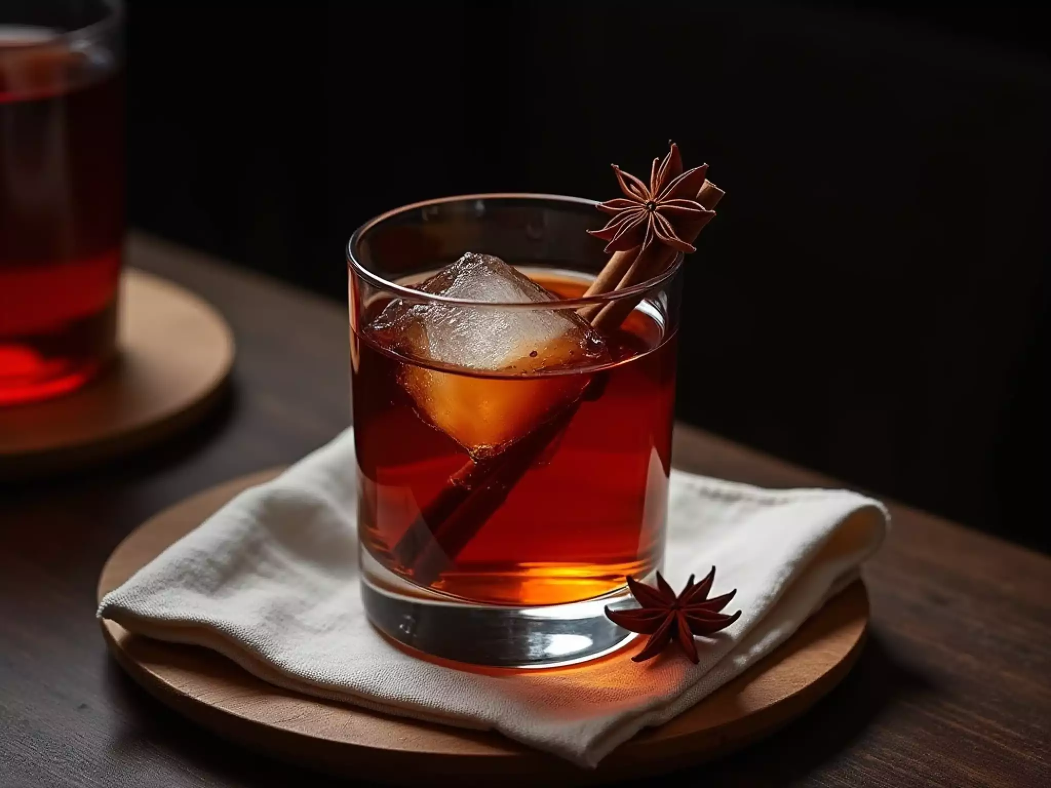 contemplative non-alcoholic Pu-erh tea tonic,served in a short rocks glass with a large clear ice cube,
deep amber to mahogany colored tea