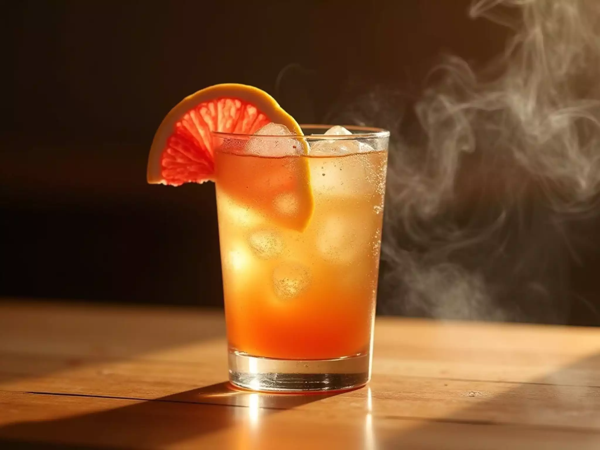 A sophisticated non-alcoholic cocktail featuring raw Pu-erh tea,served in a tall crystal spritz glass filled with clear ice