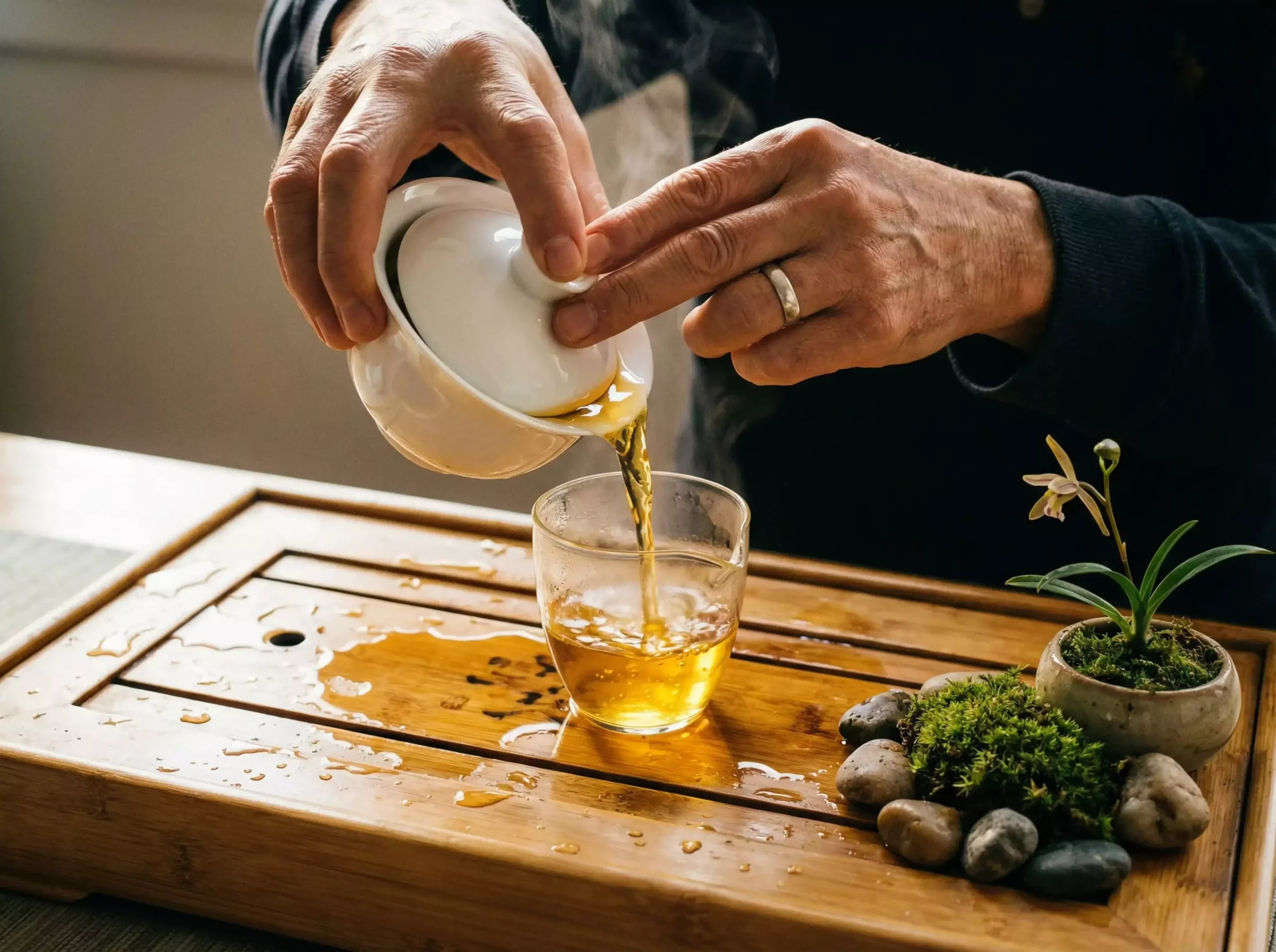 Gongfu tea brewing session with Pu-erh in a peaceful setting