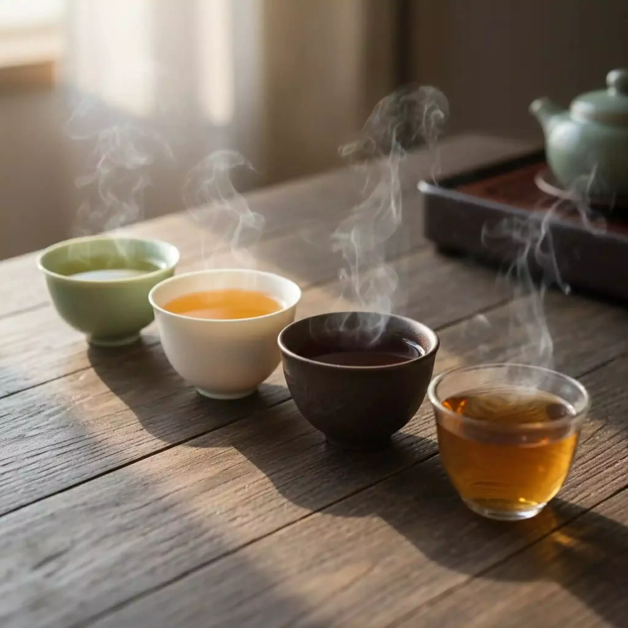 Comparison of green, black, oolong, and raw Pu-erh tea soup colors.