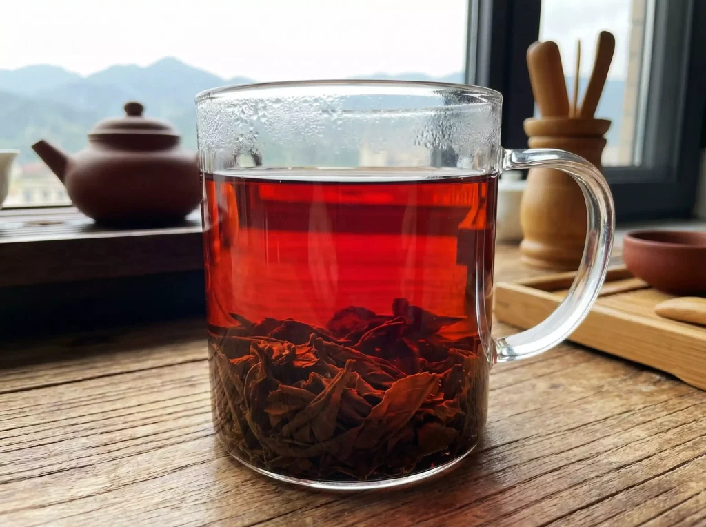 Clear glass mug filled with rich red Yunnan sun-dried Shai Hong tea liquor, with expanded dark tea leaves visible at the bottom, placed on a wooden table against a misty mountain backdrop with a traditional teapot in the background