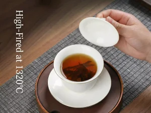 Professional white porcelain Gaiwan high-fired at 1320°C held in hand for Kung Fu tea brewing