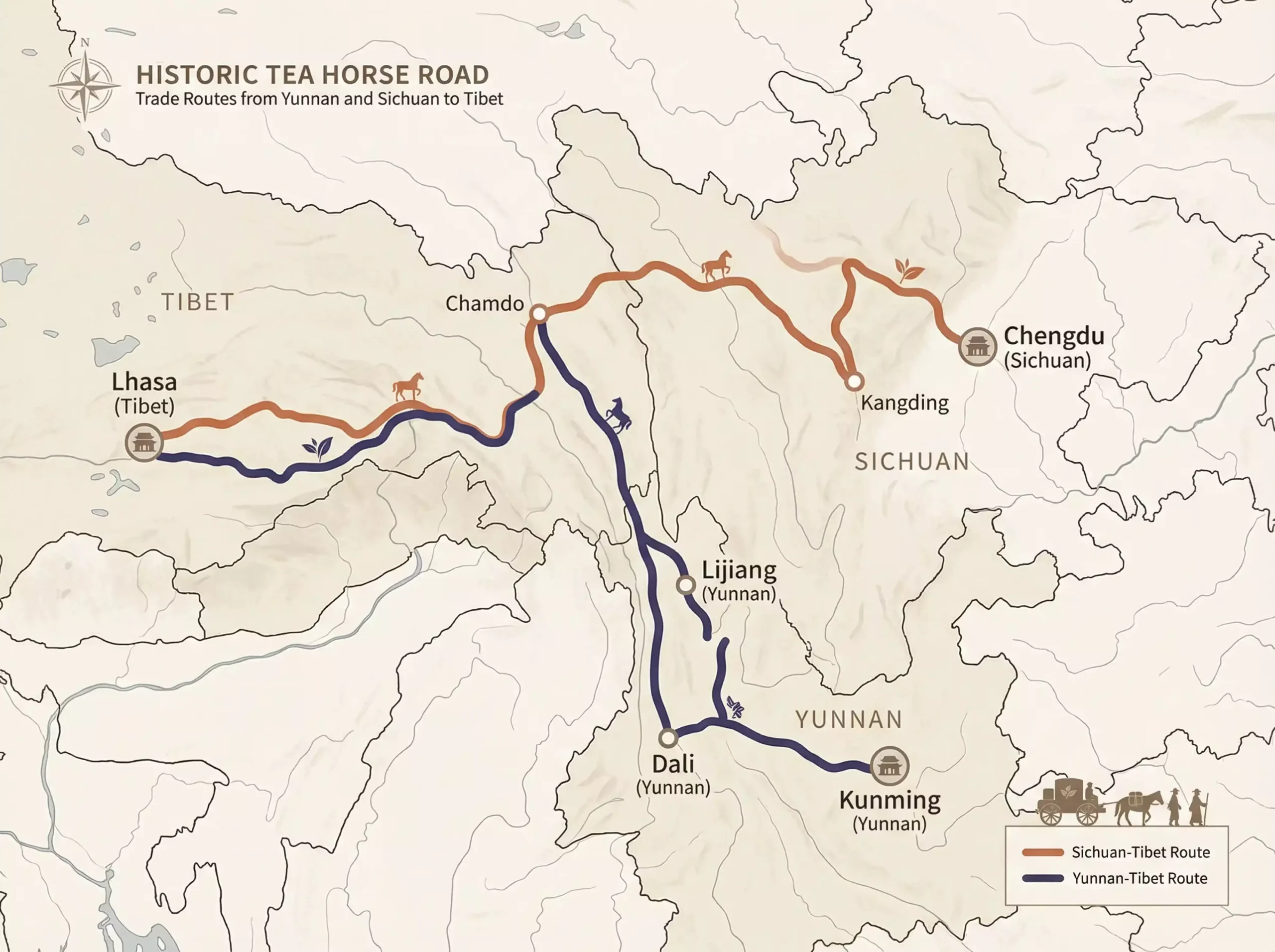 A simple map showing the routes from Yunnan and Sichuan to Tibet, helpful for readers to understand the geographical span of the Tea Horse Road.