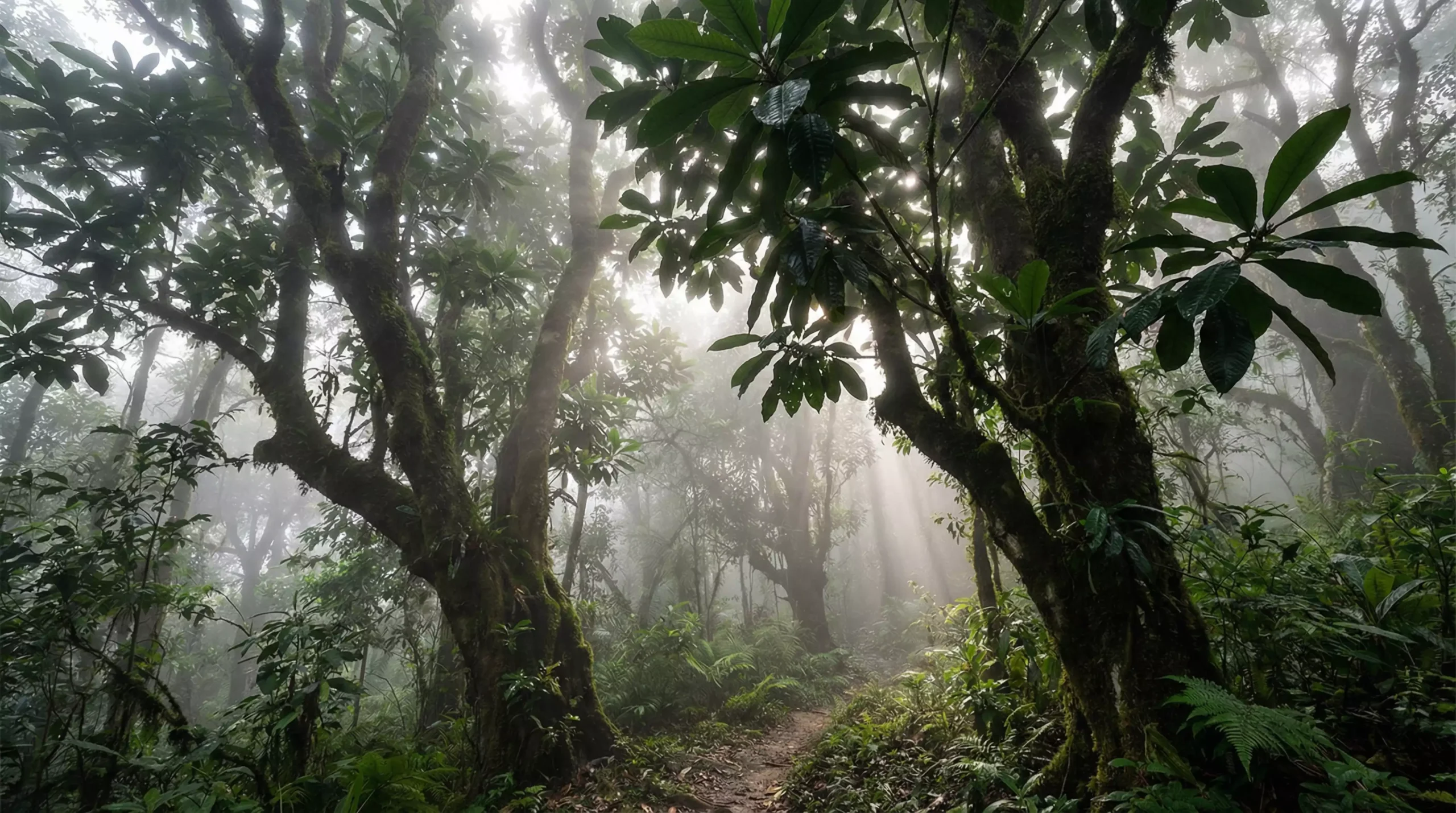 Majestic ancient large-leaf tea trees in misty Yunnan mountains, tall trunks and broad glossy leaves in wild forest setting