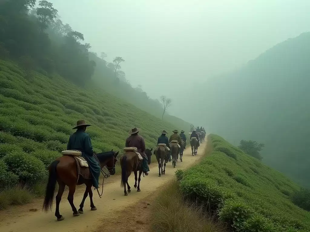 Caravan of mules on the Ancient Tea Horse Road carrying Pu-erh tea