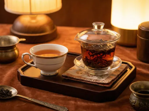 Beautiful golden-amber cup of Dianhong black tea, bold and rich liquor from large-leaf variety