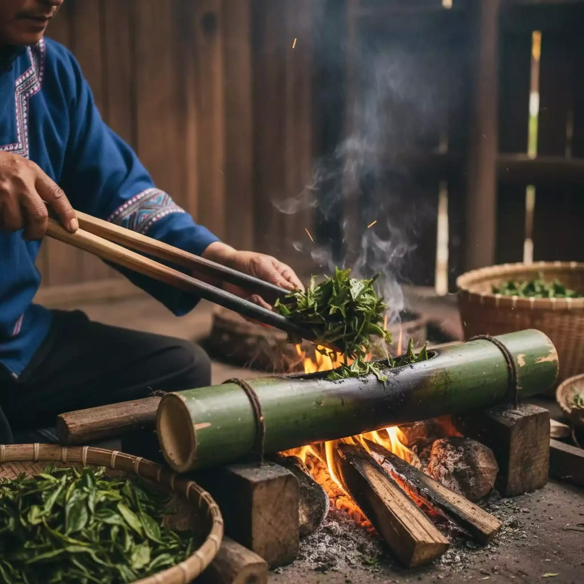 Traditional Bulang bamboo tube tea (La He) preparation: fresh Pu-erh leaves roasted inside bamboo over open fire in Yunnan village