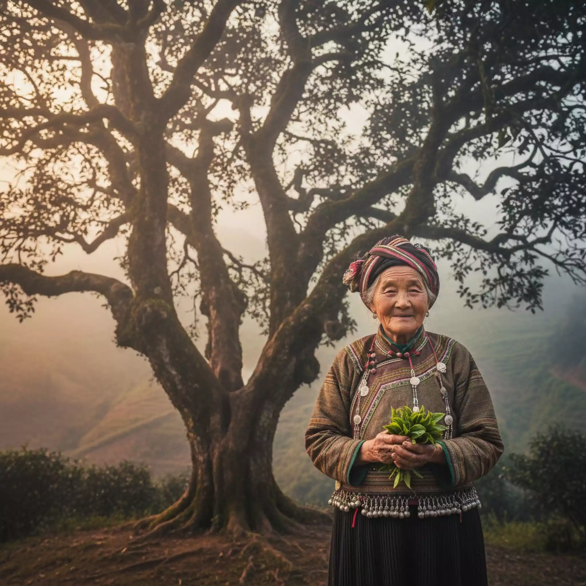 Elderly Bulang tea farmer woman in traditional attire holding fresh Pu-erh leaves beside ancient tree in misty Menghai mountains